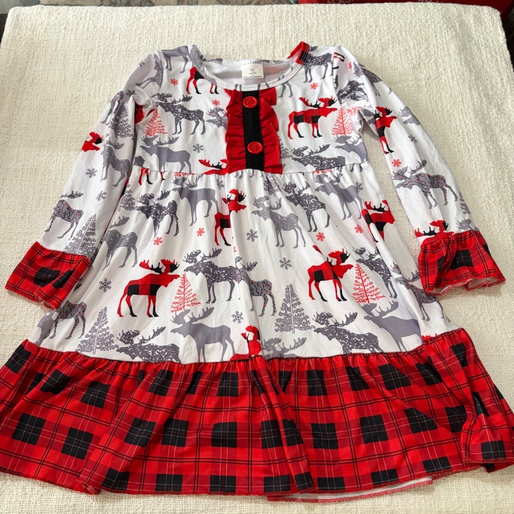 Girls Christmas Moose Buffalo Plaid Ruffle Dress Long Sleeve Red White XL 10-12